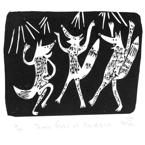 Three foxes at the disco - lino cut print