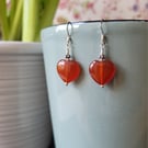 Red agate heart and sterling silver earrings 
