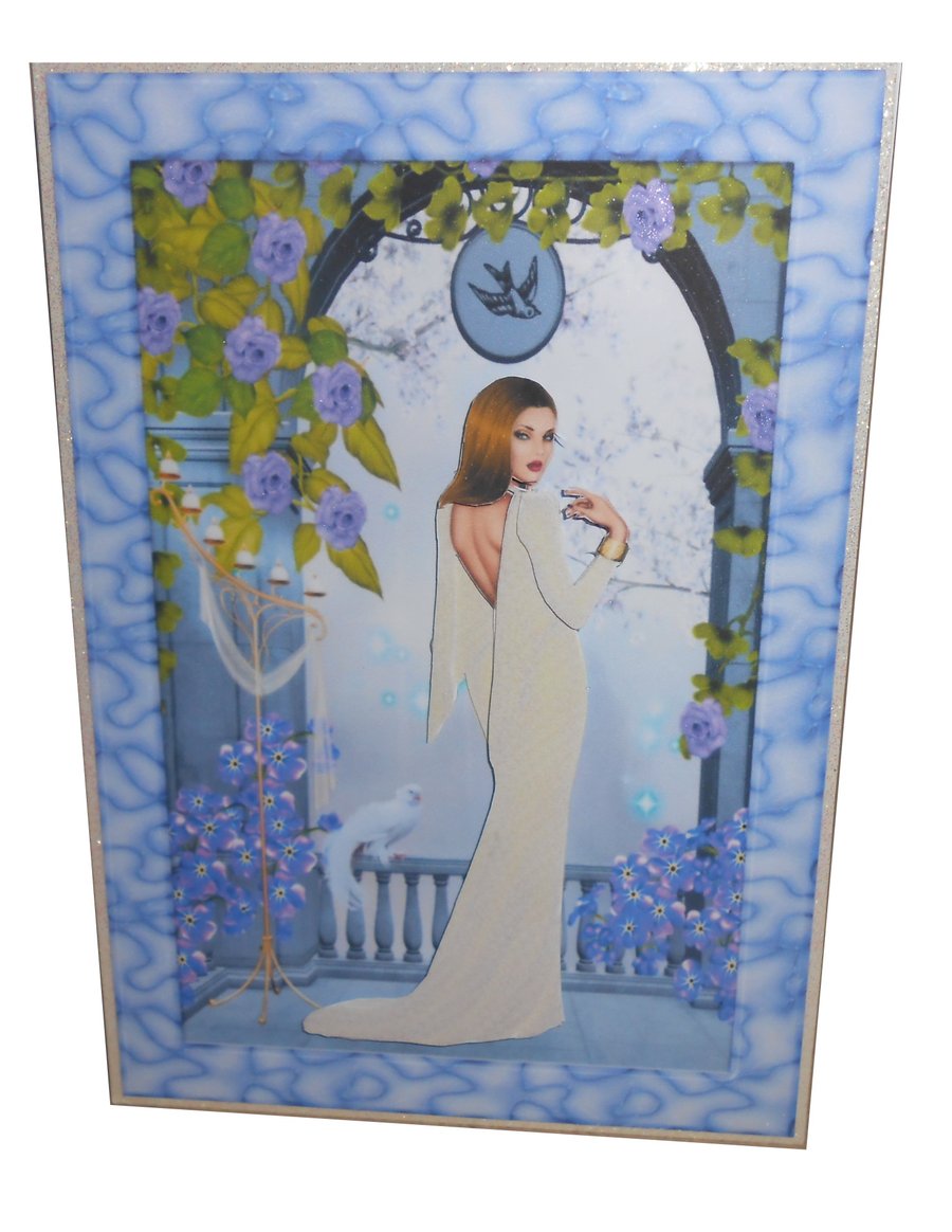 Elegant lady in white in blue frame 3D birthday card