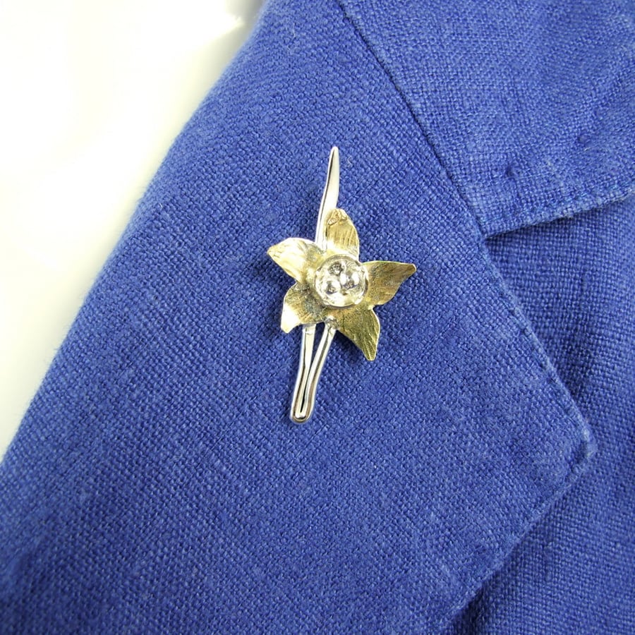 Daffodil Lapel Pin Brooch, Brass and Sterling Silver Floral Pin 