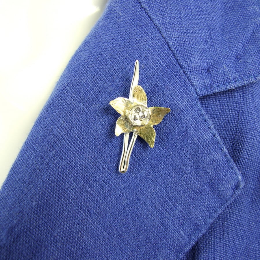 Daffodil Lapel Pin Brooch, Brass and Sterling Silver Floral Pin 