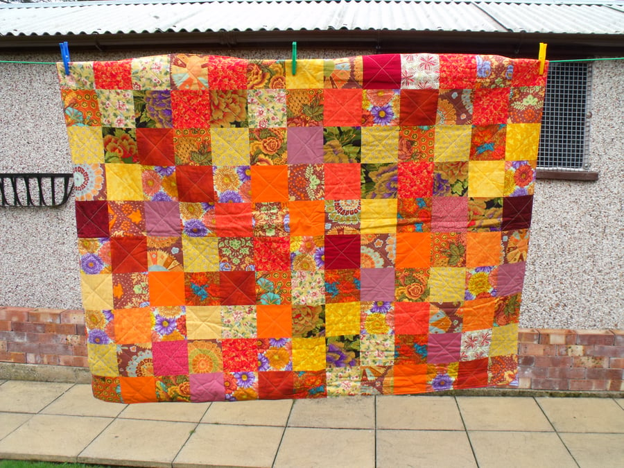 bright ethnic quilted sofa throw, patchwork wall hanging quilt or blanket