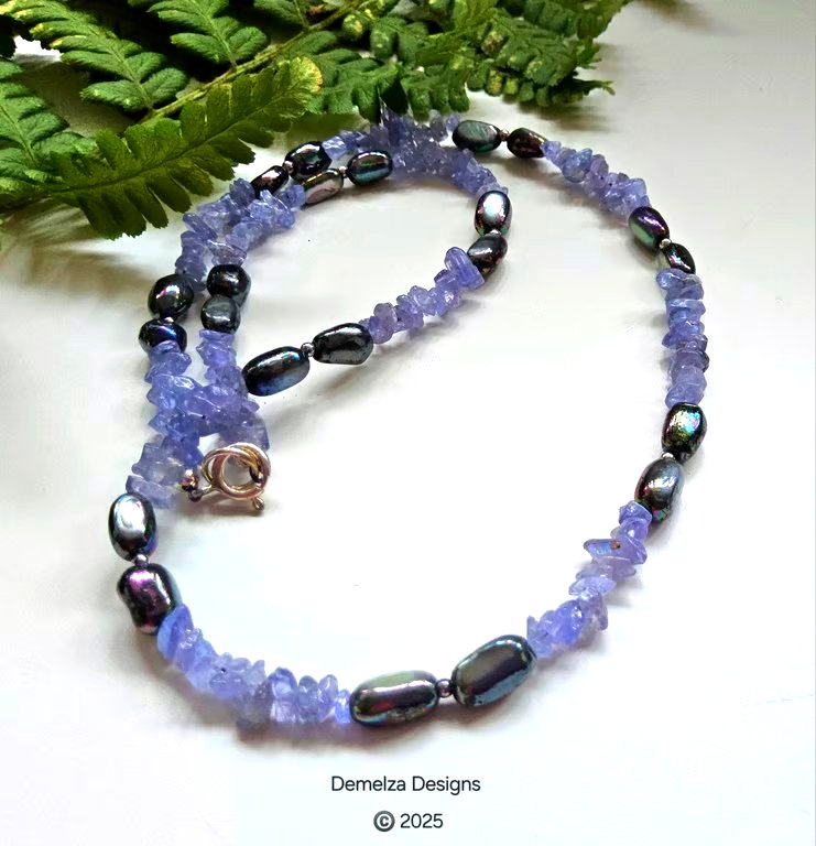 Designer Tanzanite Nugget & Culture Pearl Sterling Silver Necklace