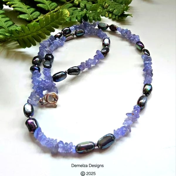 Designer Tanzanite Nugget & Culture Pearl Sterling Silver Necklace