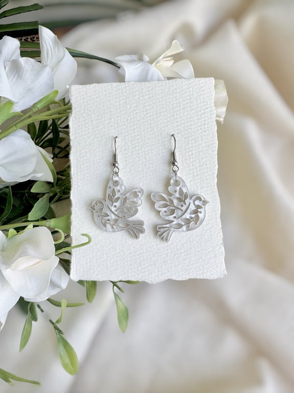 Peace Dove Pearl Acrylic Earrings