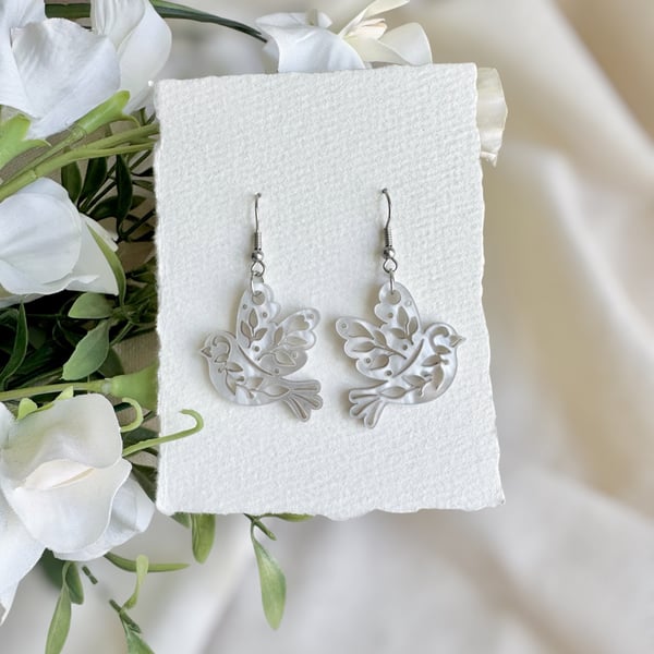Peace Dove Pearl Acrylic Earrings