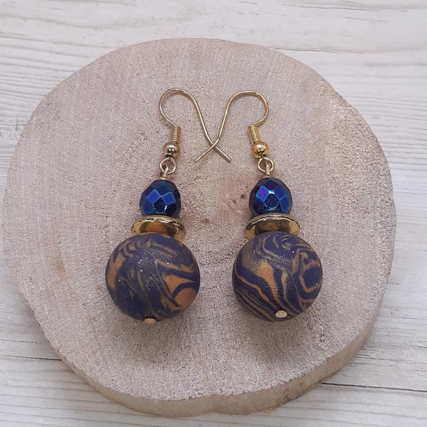 Navy blue and gold polymer clay earrings