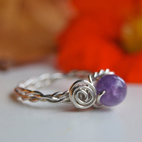 Amethyst Bead and Solid Sterling Silver Wire Wrapped Ringing - Made to Order. 