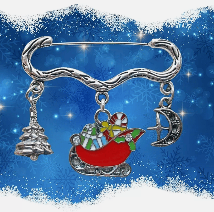 Santa Sleigh, Christmas Tree, Moon and Star Charms Kilt Pin Brooch or Bag Dangle