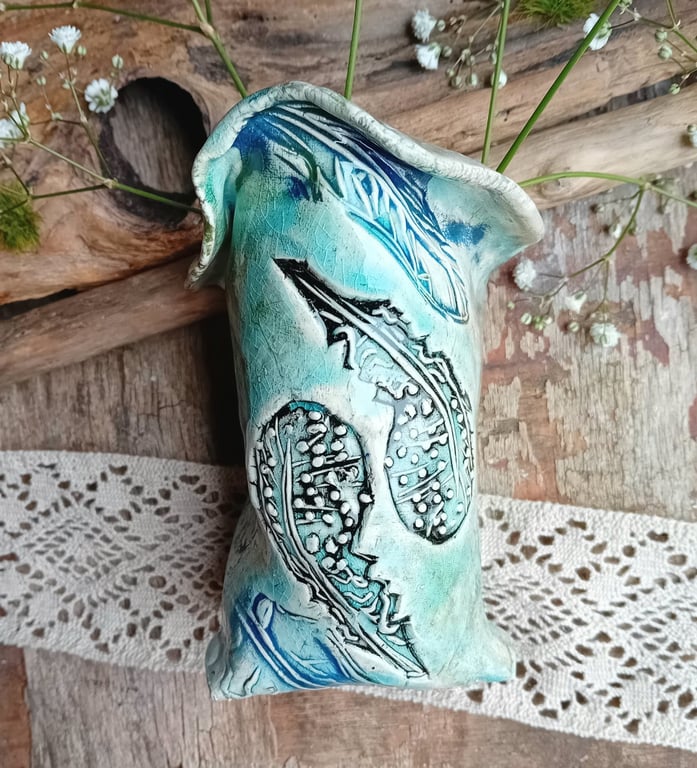 handmade ceramic pottery vase sack pot- turquoise  green feather design