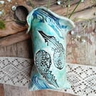 handmade ceramic pottery vase sack pot- turquoise  green feather design