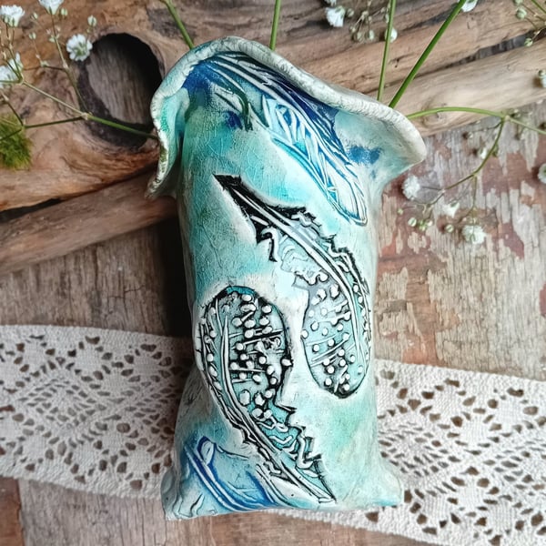 handmade ceramic pottery vase sack pot- turquoise  green feather design