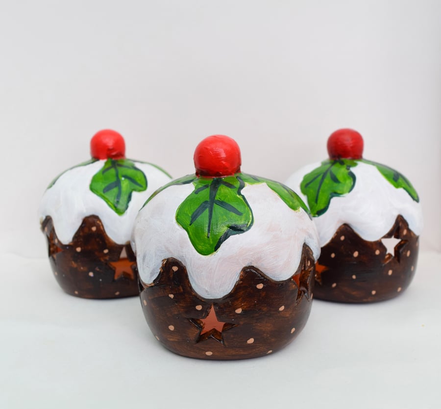 Image of Hand-Painted Christmas Pudding Tea Light Holder -Ceramic Christmas Candle Holder