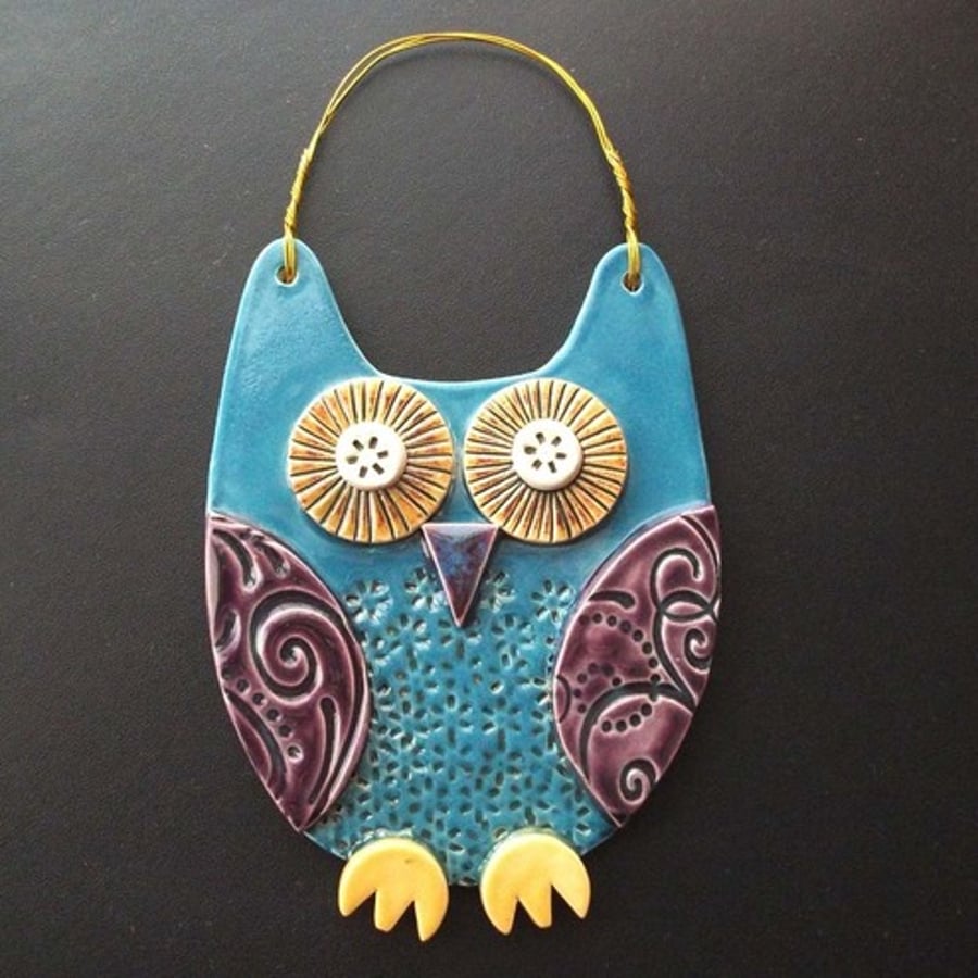 Blue Owl ceramic hanging decoration 