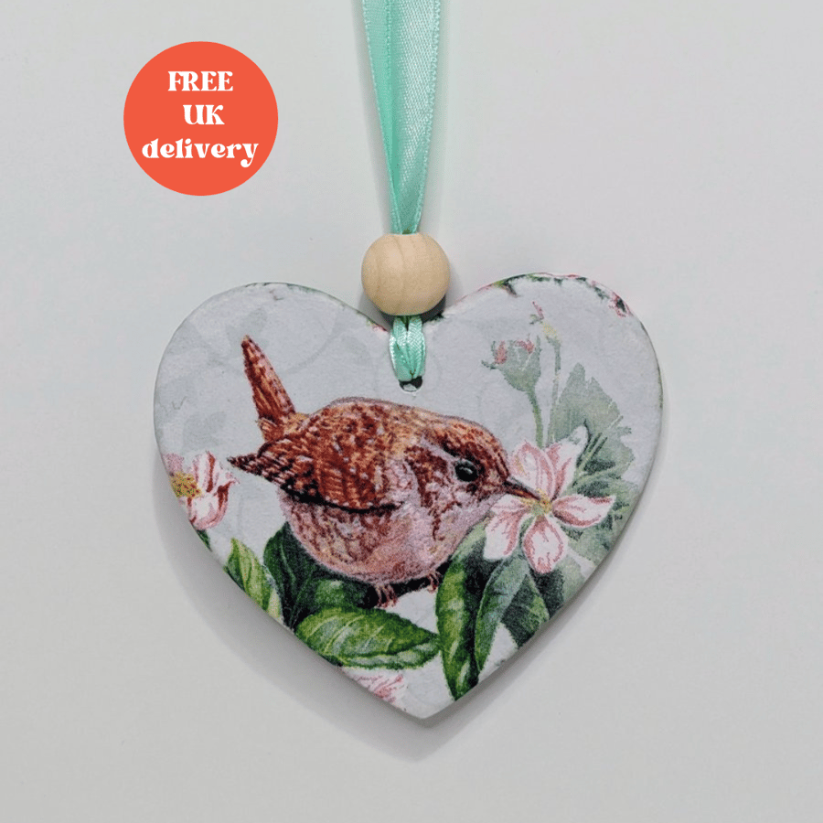 Wren decoration, garden bird clay hanging heart, gift for a bird lover