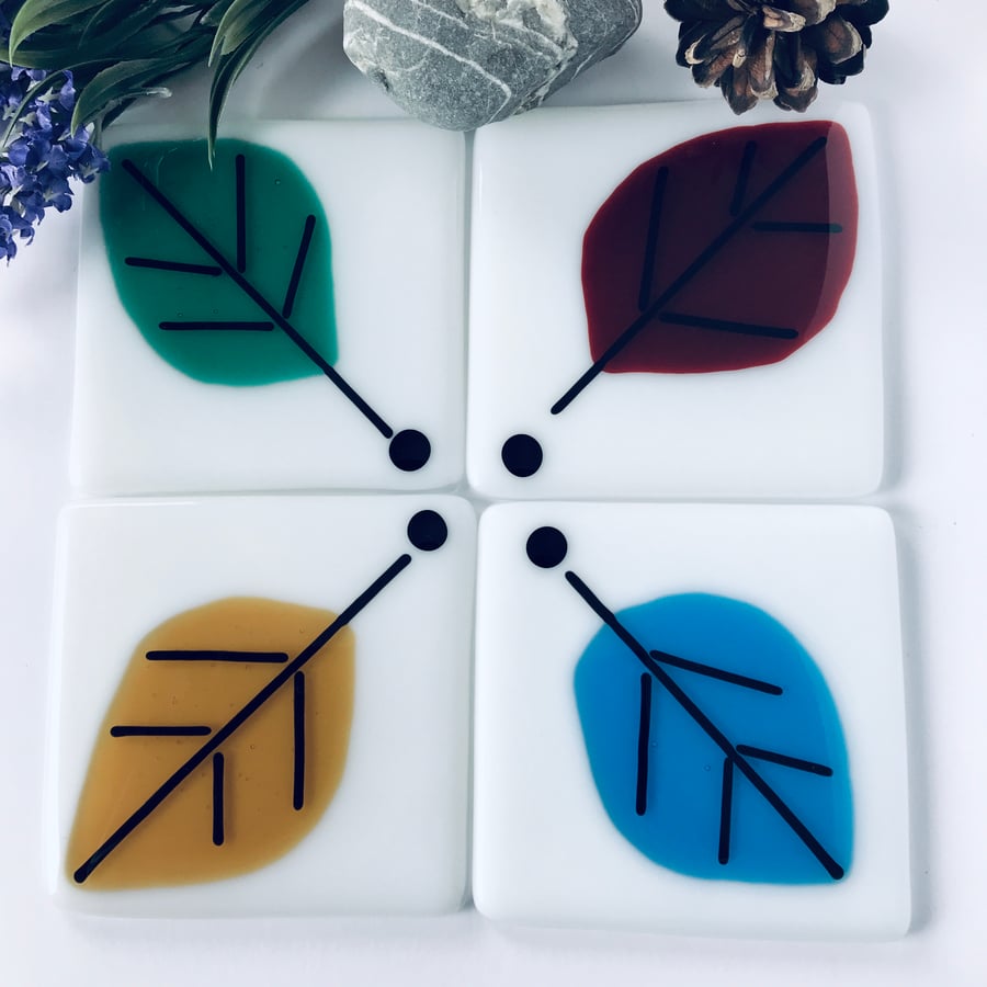 Set of fused glass coasters with leaves