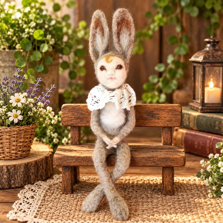 Needle felted Hare Girl Art Doll.