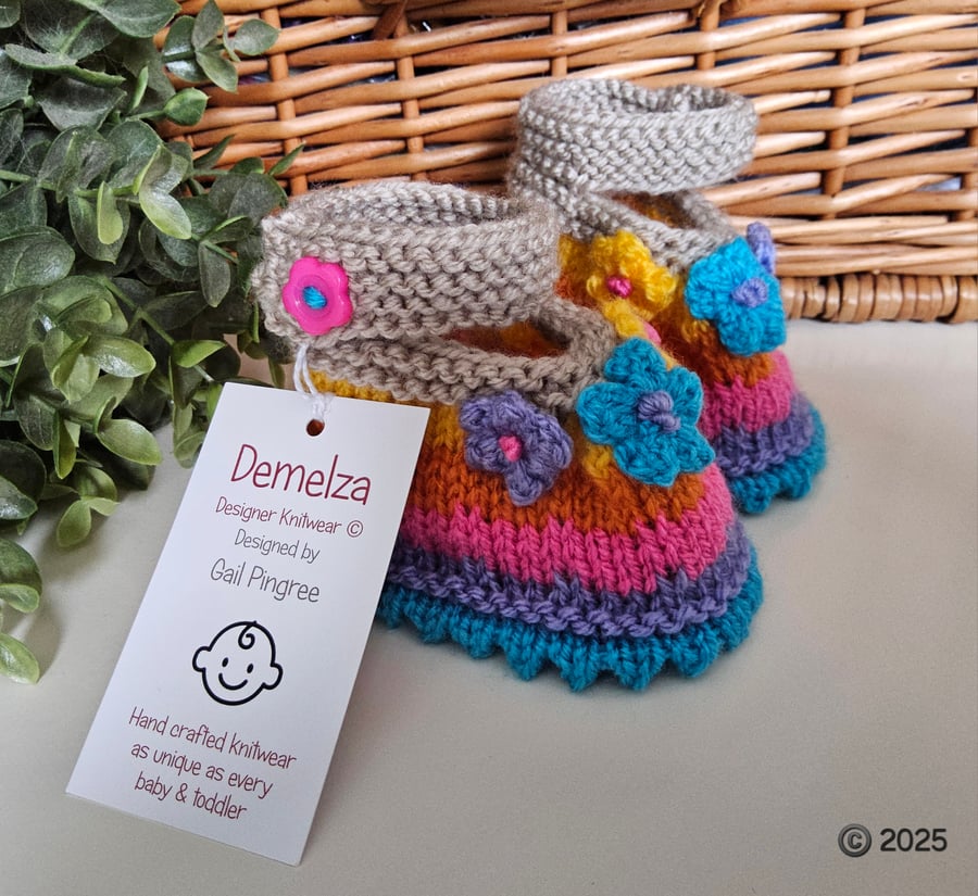 Designer Baby Girl's Multicoloured Flower Hand Knitted Shoes  3-6 months size