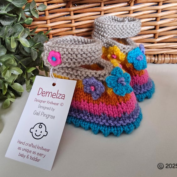 Designer Baby Girl's Multicoloured Flower Hand Knitted Shoes  3-6 months size