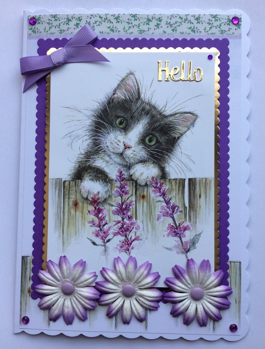 Hello Card Cute Cat Garden Fence Purple Flowers 3D Luxury Handmade Card