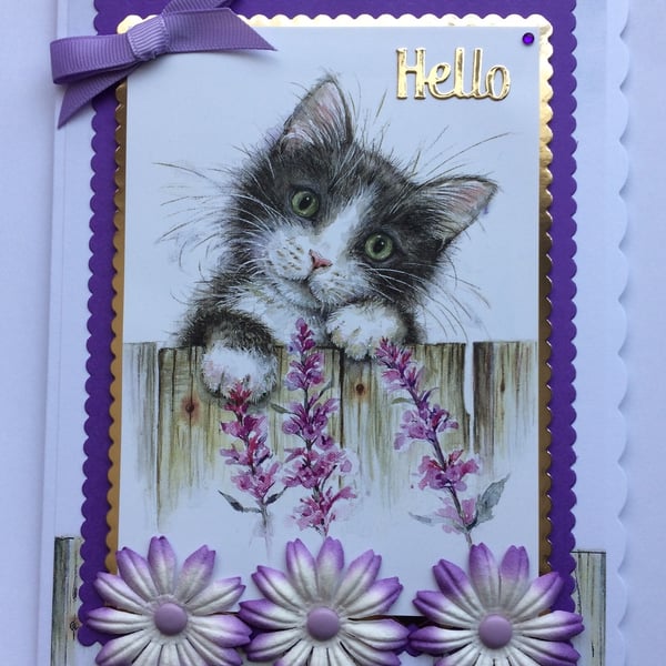 Hello Card Cute Cat Garden Fence Purple Flowers 3D Luxury Handmade Card