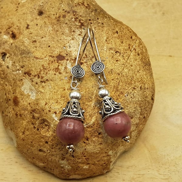 Rhodonite cone earrings. Bali silver. Reiki jewelry. Taurus jewelry