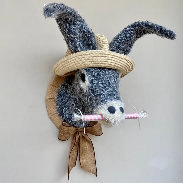 Faux taxidermy grey and cream seaside Donkey with rock animal head wall mount