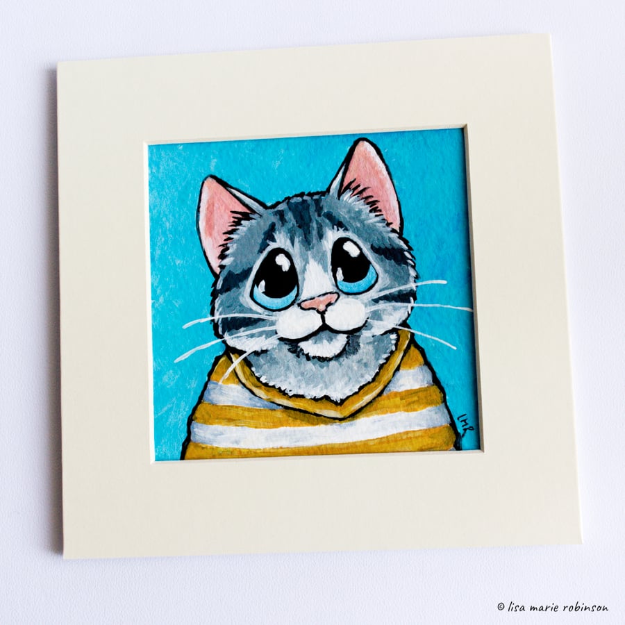 Tabby Cat in Striped Shirt - Mini Painting