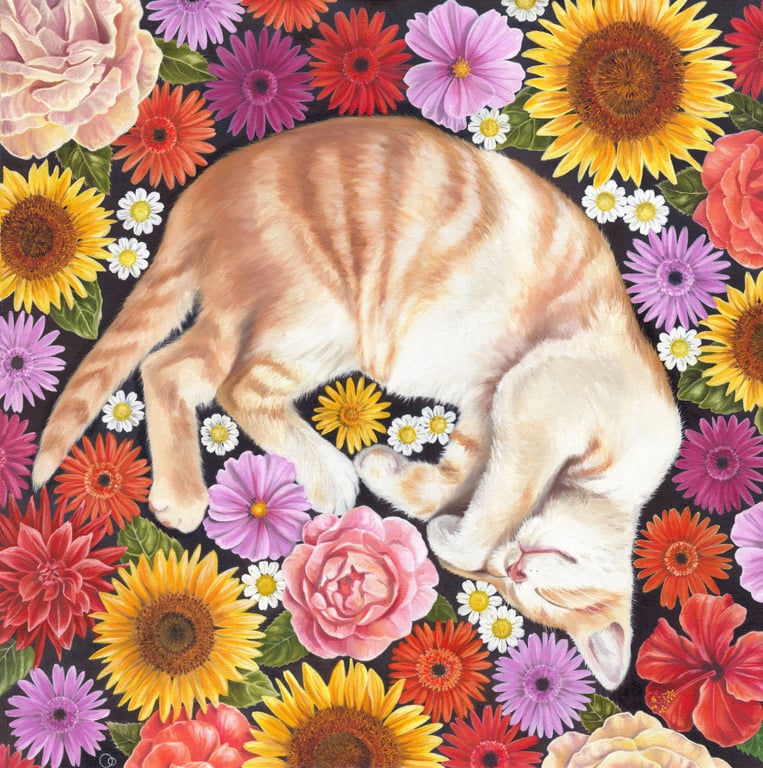 Cat with Flowers Fine Art Square Handmade Greeting Card