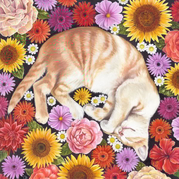 Cat with Flowers Fine Art Square Handmade Greeting Card