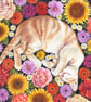 Cat with Flowers Fine Art Square Handmade Greeting Card - Image 1