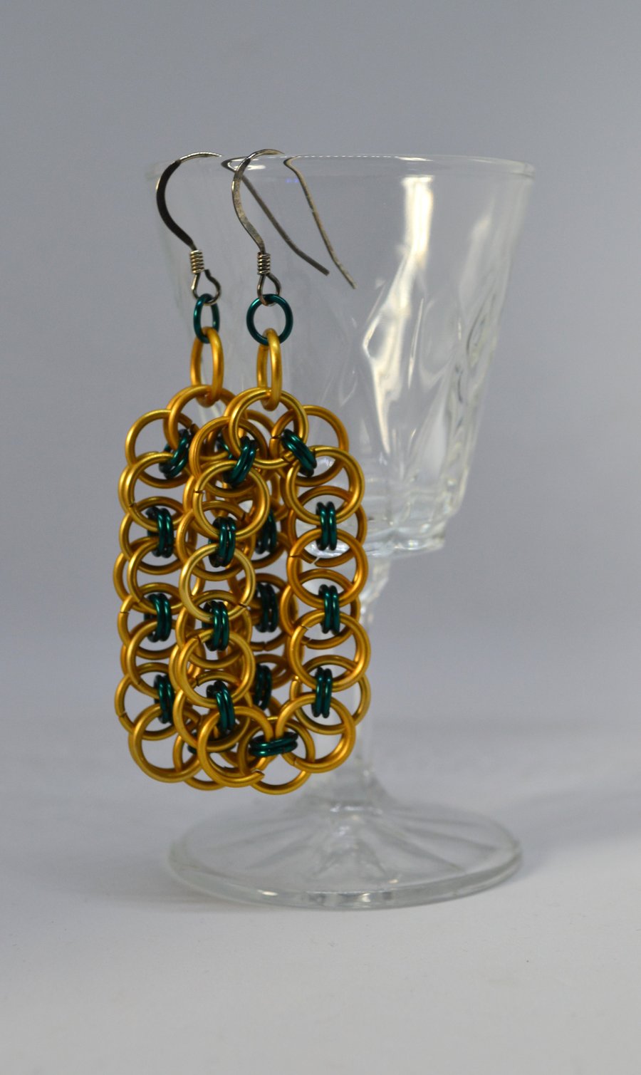 Gold and Green Helms Weave Chainmaille Earrings