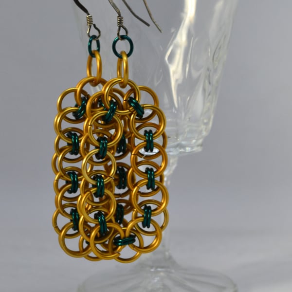 Gold and Green Helms Weave Chainmaille Earrings