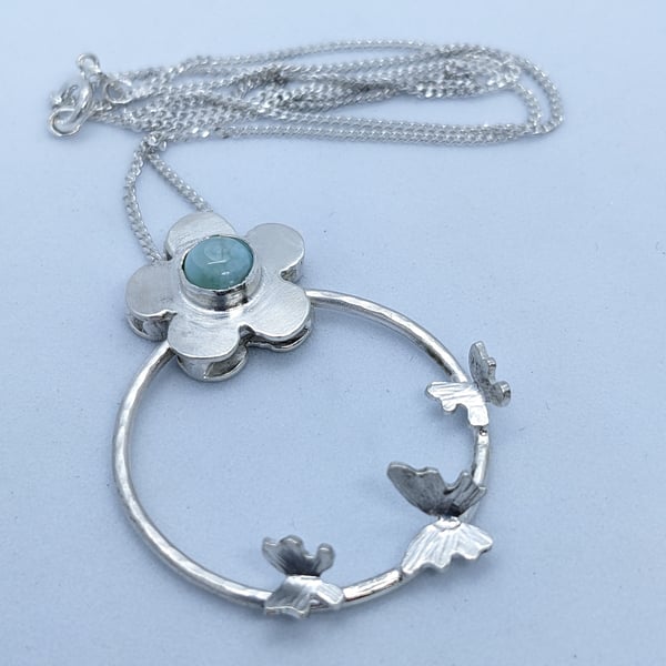 Sterling silver pendant with larimar stone, silver flower and butterflies, Handc