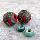 Rustic Style Lampwork Bead Pair in Coral & Copper Green with Raku