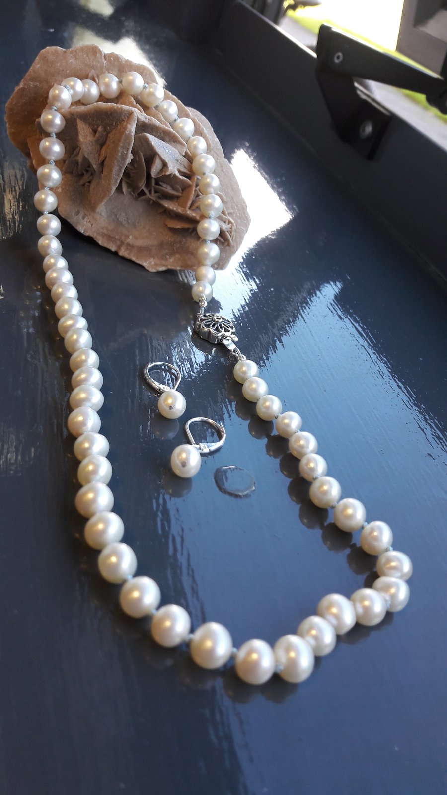 White Cultured Freshwater Pearls Knotted on Blue Silk Necklace and Earrings
