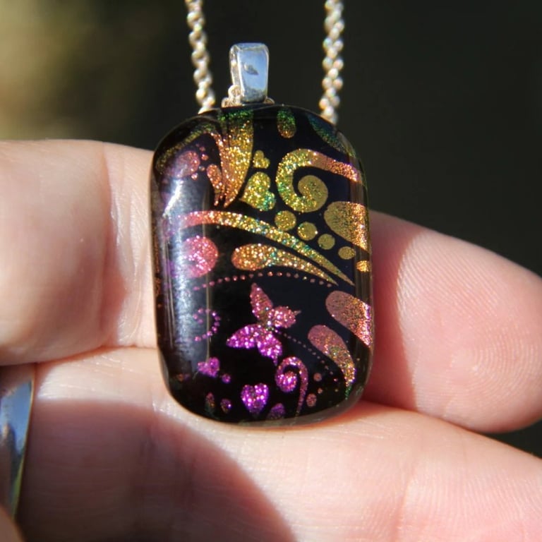 Pink Orange Butterfly Swirl Dichroic Glass Pendant,  Fused Glass Necklace F30