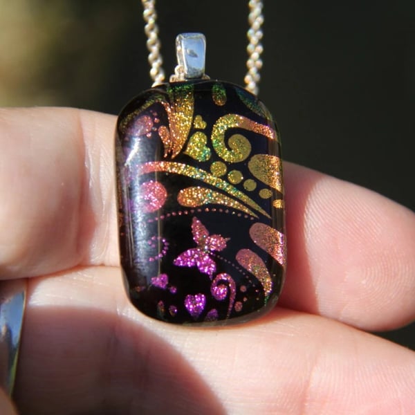 Pink Orange Butterfly Swirl Dichroic Glass Pendant,  Fused Glass Necklace F30