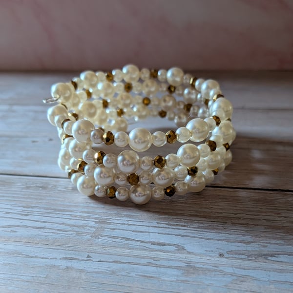 Golden Gala, Cream Faux Pearl & Gold Memory Wire Wrap Bracelet