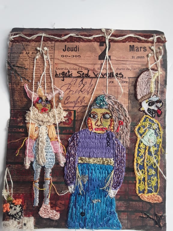 "Ligati- Bound By The Hand " - Original Hand-Embroidered Mixed Media Artwork 