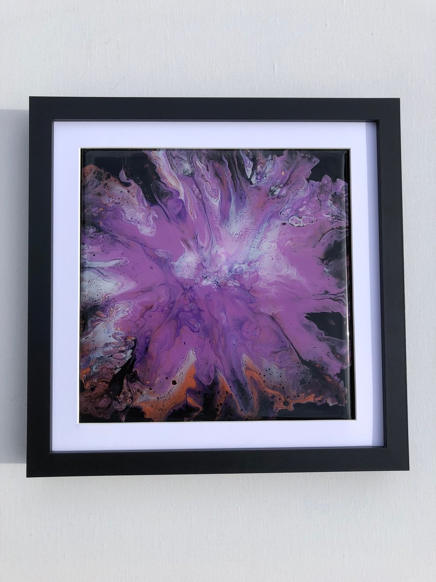 Original fluid art dutch pour painting, abstract purple flower, framed 