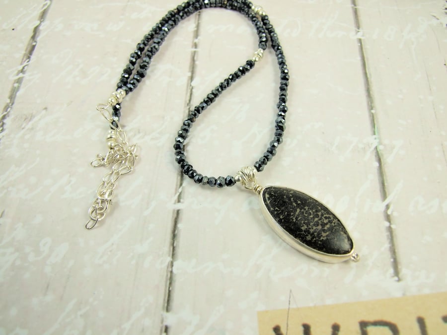 Black Spinel and Bronzite Gemstone Pendant Necklace with Sterling Silver