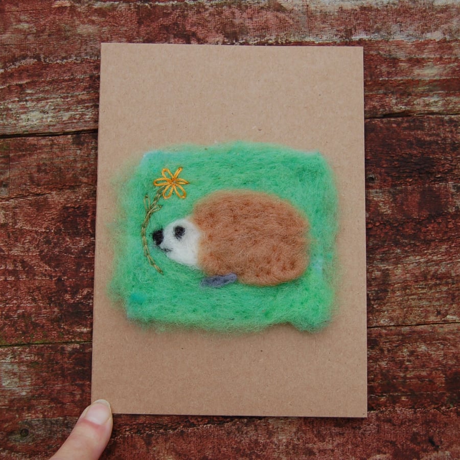  Hedgehog blank greetings card.  Needlefelt  and hand embroidery 