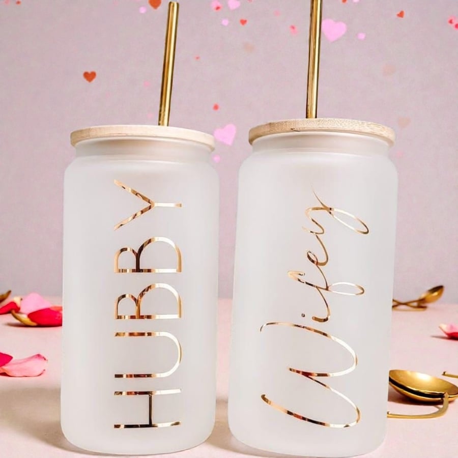 His and Hers Glass Frosted Mason Jars with metal straws 