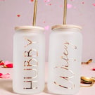 His and Hers Glass Frosted Mason Jars with metal straws 