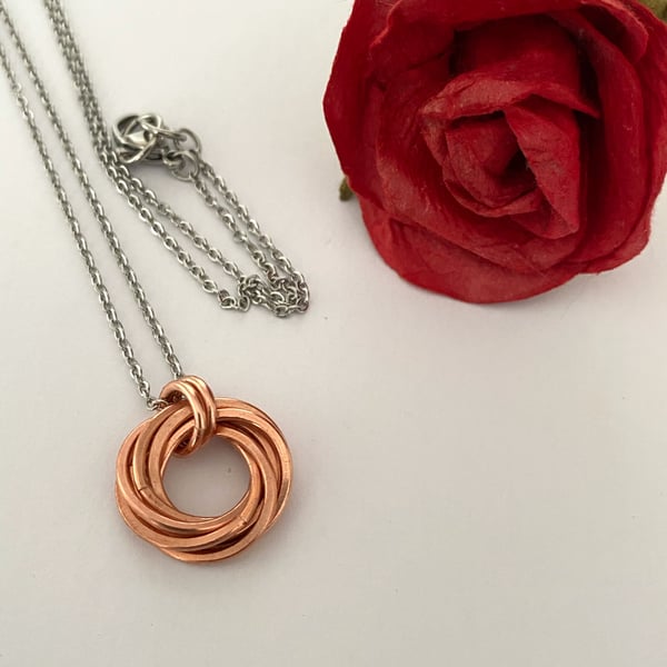 Hammered Pure Copper Mobius Seven Ring Necklace for 7th Anniversary Gift Idea 