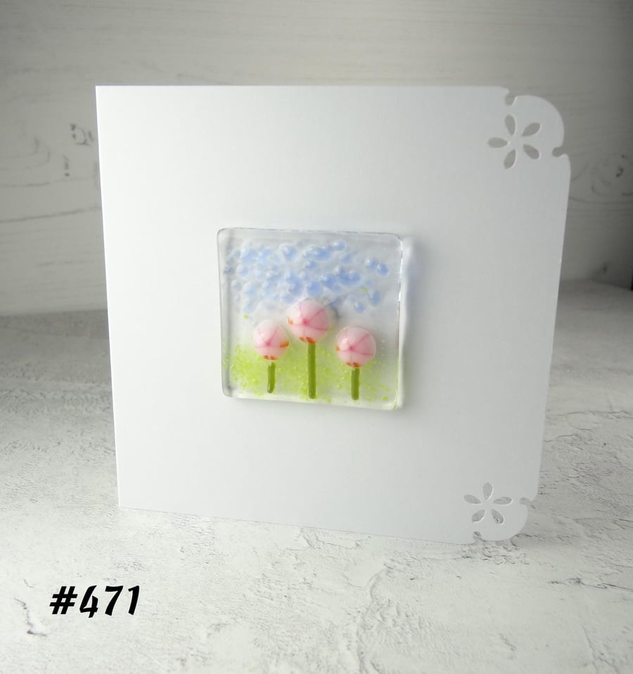 Pink flowers handcrafted fused glass blank card (471)