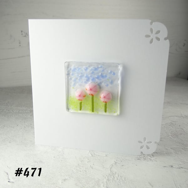 Pink flowers handcrafted fused glass blank card (471)