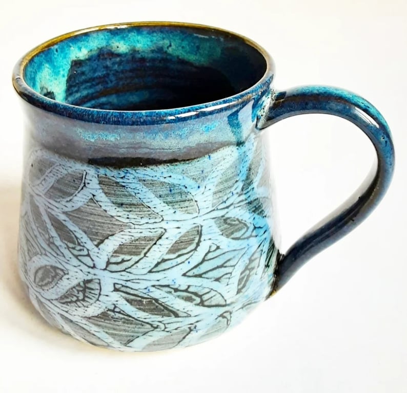 Mug Patterned Blue Glazed  - Hand Thrown Stoneware Ceramic Mug 