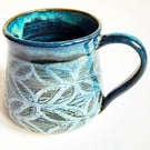 Mug Patterned Blue Glazed  - Hand Thrown Stoneware Ceramic Mug 